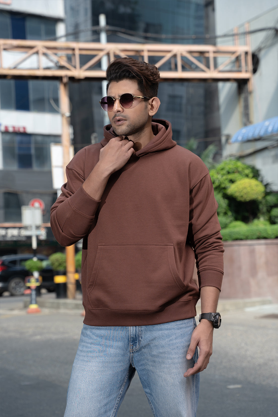 PRESENCE- MENS OVERSIZED DROP HOODIE - BROWN
