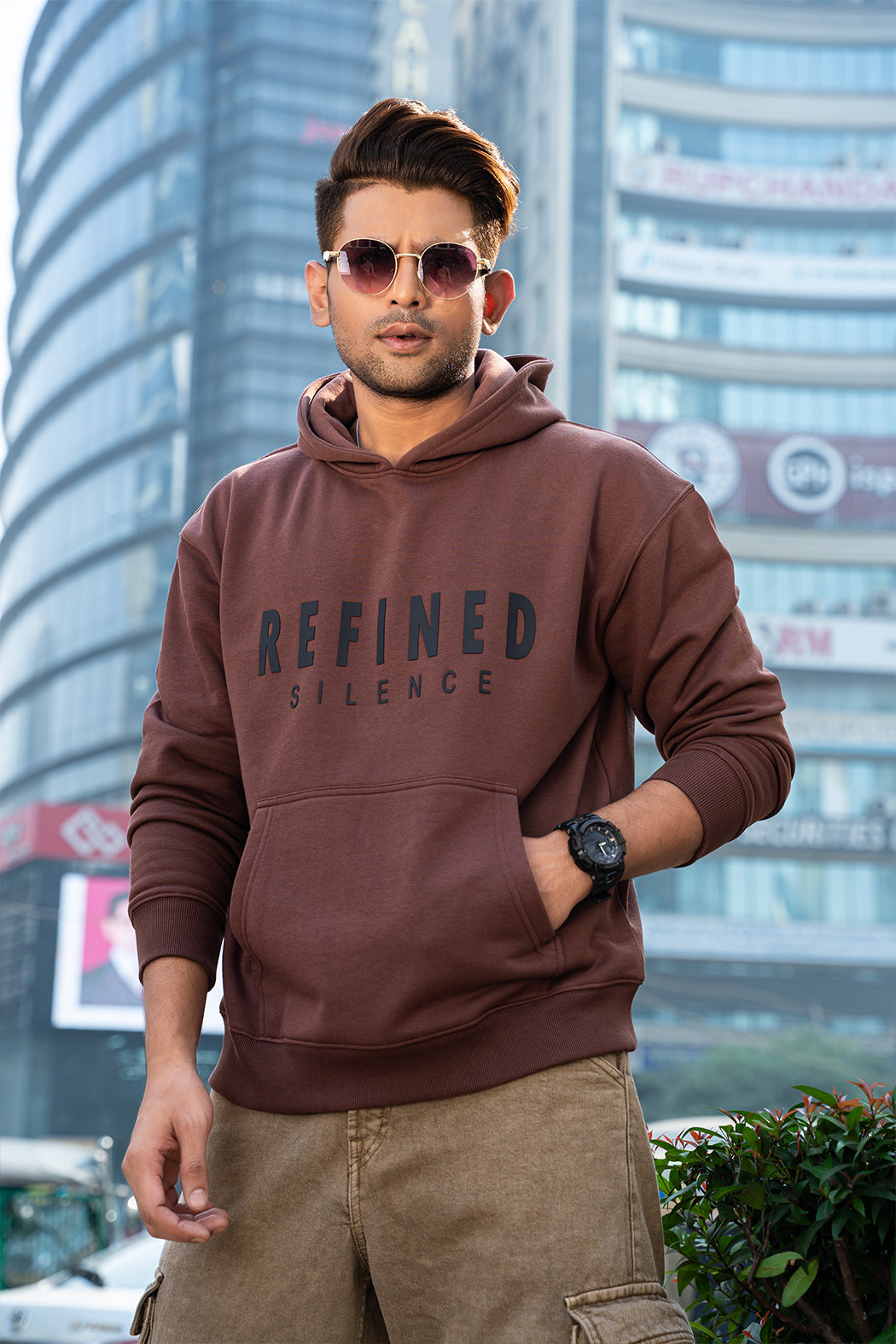REFINED SILENCE - MENS OVERSIZED DROP HOODIE - BROWN