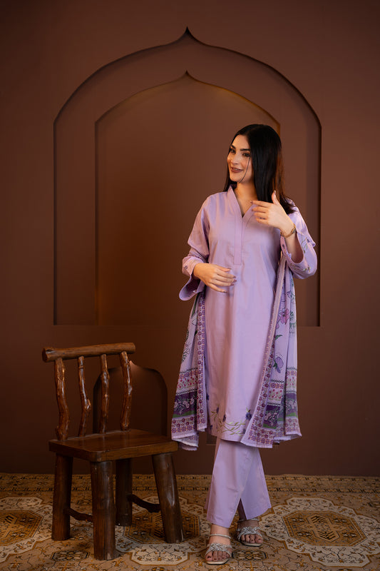 Nilofer - Lavender Embroidered Kurta with Printed Dupatta