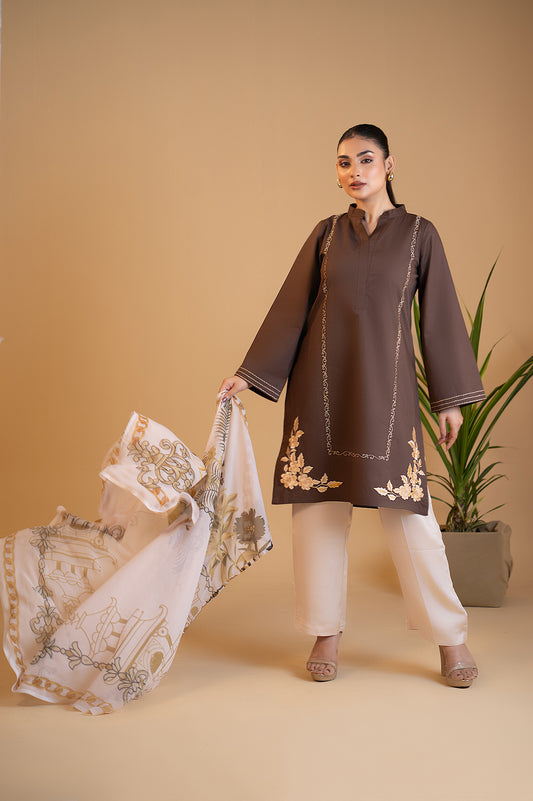 Asmar - Chocolate Brown Embroidered Kurta with Printed Dupatta
