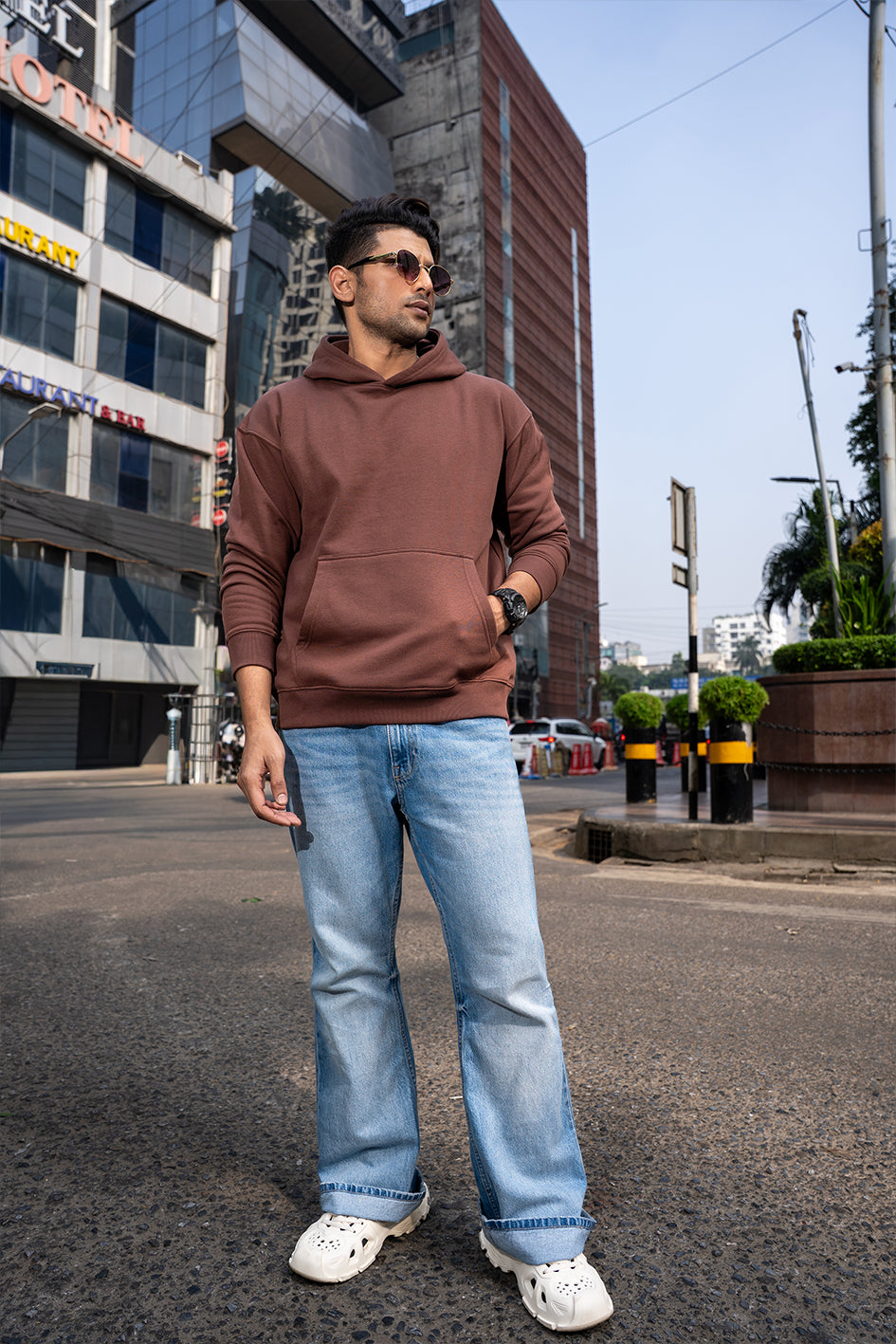 PRESENCE- MENS OVERSIZED DROP HOODIE - BROWN