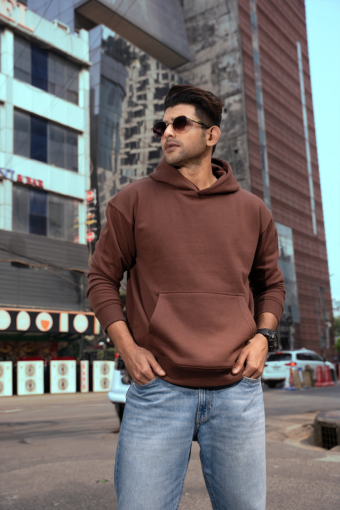 PRESENCE- MENS OVERSIZED DROP HOODIE - BROWN