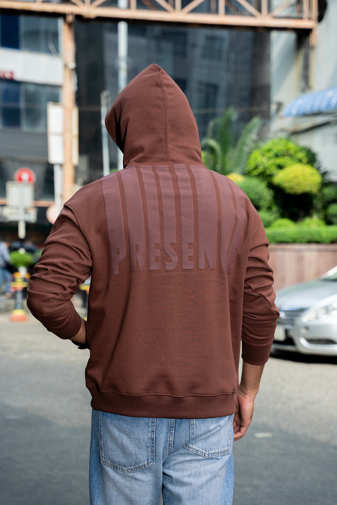 PRESENCE- MENS OVERSIZED DROP HOODIE - BROWN