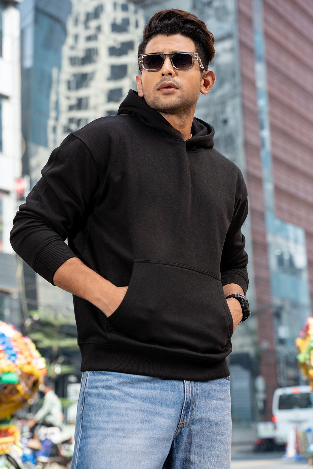 PRESENCE- MENS OVERSIZED DROP HOODIE - BLACK