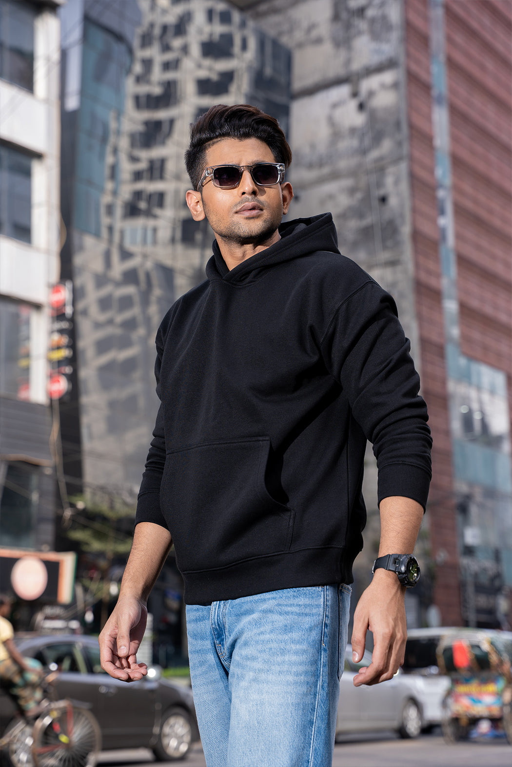 PRESENCE- MENS OVERSIZED DROP HOODIE - BLACK