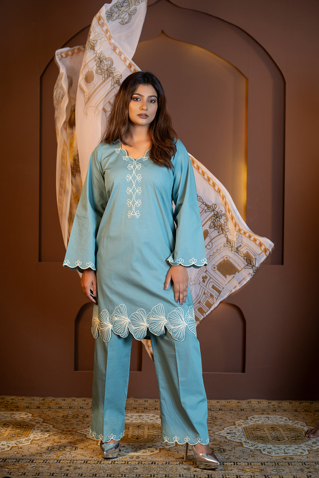 Ziyana - Teal Blue Embroidered Kurta Set with Dupatta