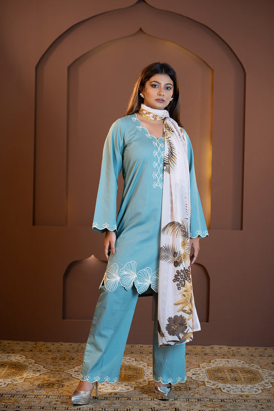 Ziyana - Teal Blue Embroidered Kurta Set with Dupatta