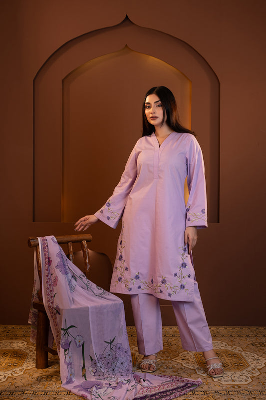 Nilofer - Lavender Embroidered Kurta with Printed Dupatta
