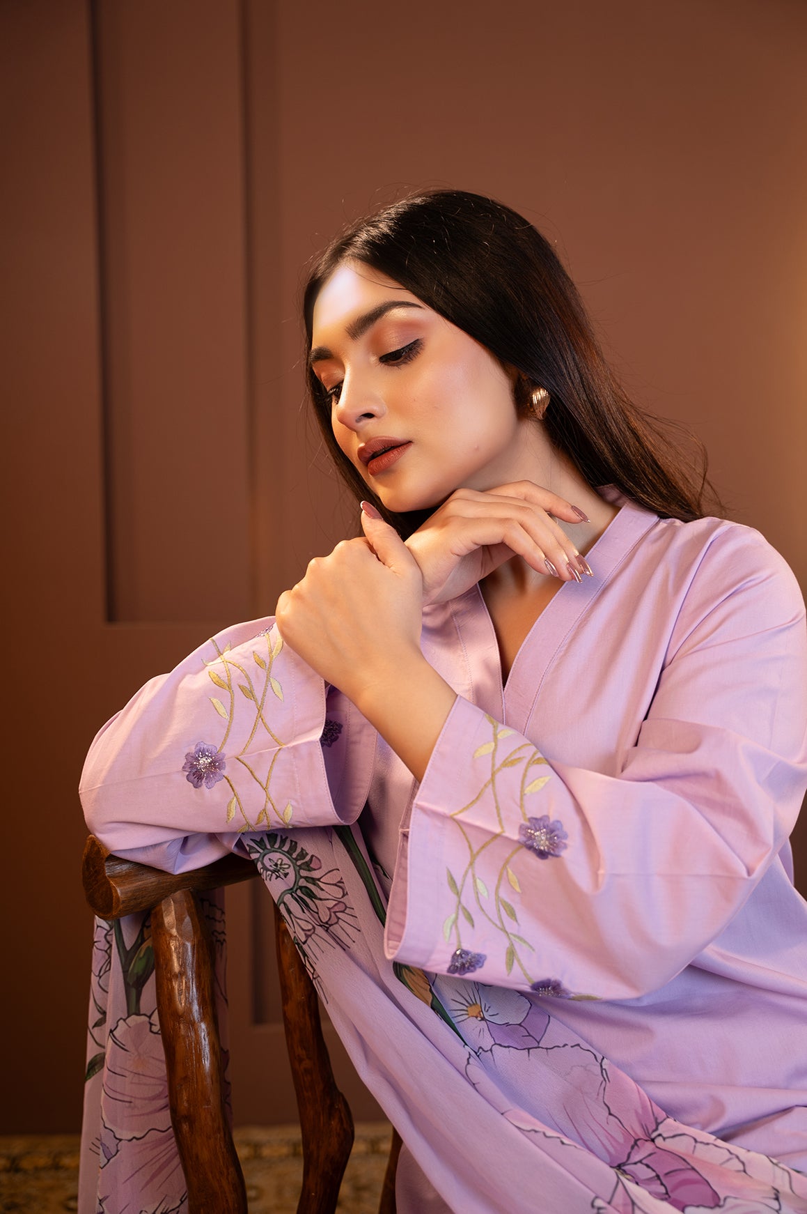 Nilofer - Lavender Embroidered Kurta with Printed Dupatta