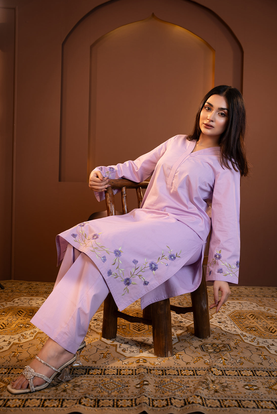 Nilofer - Lavender Embroidered Kurta with Printed Dupatta