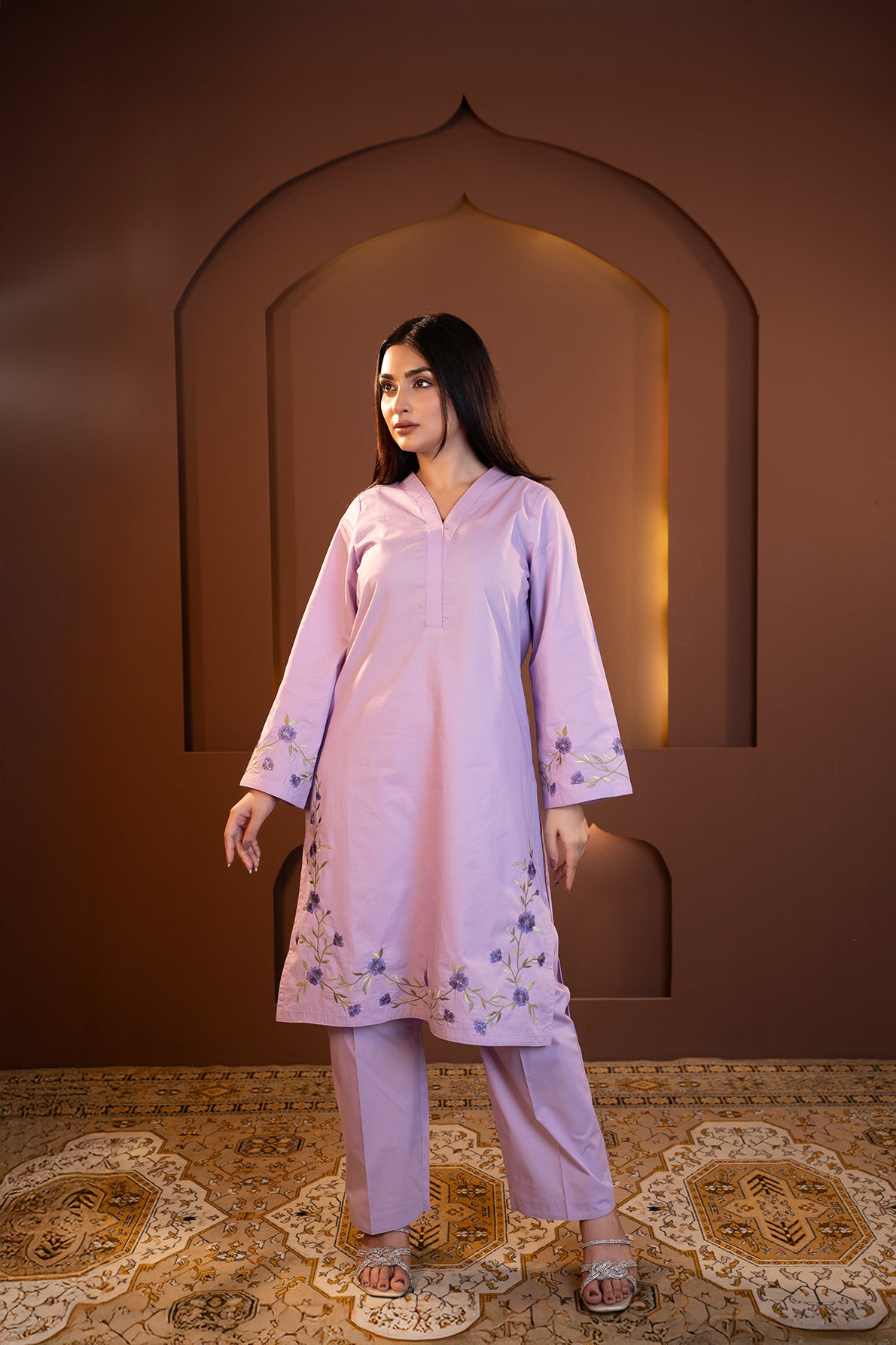 Nilofer - Lavender Embroidered Kurta with Printed Dupatta