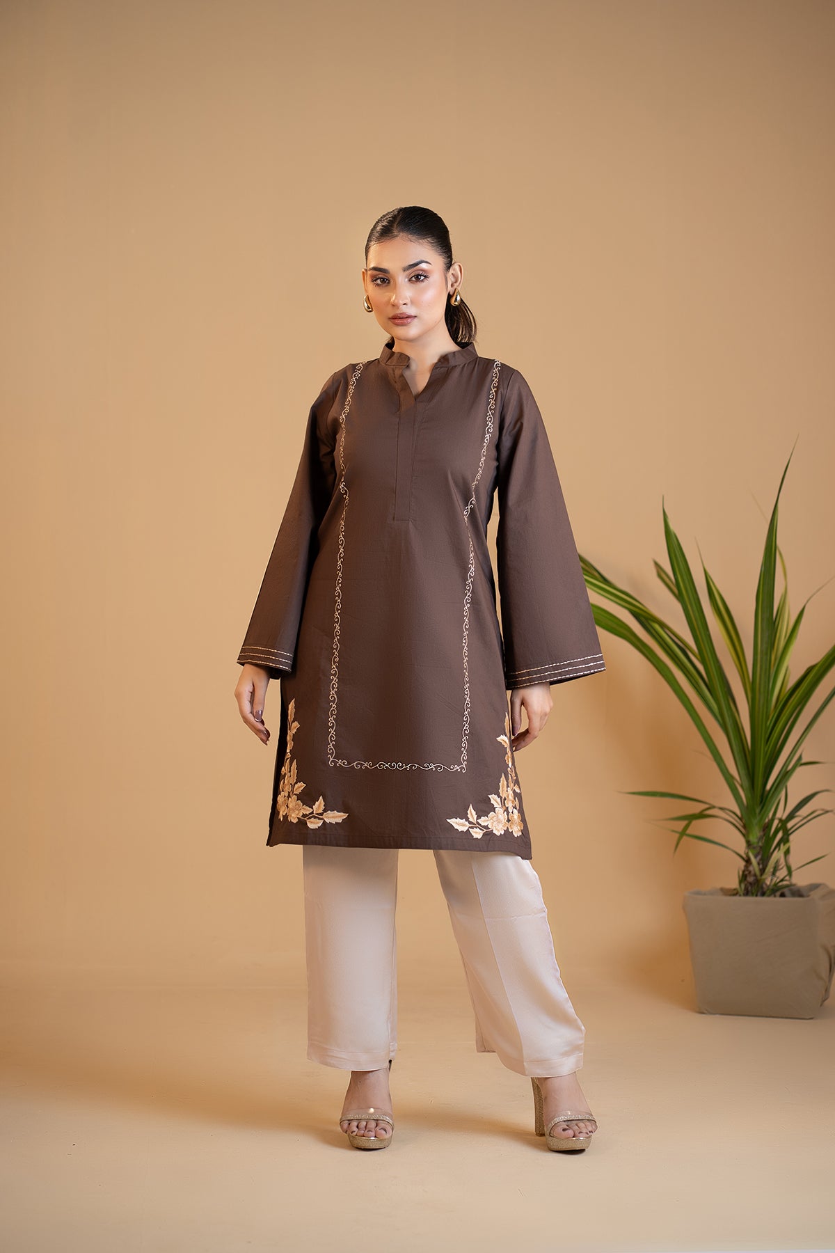 Asmar - Chocolate Brown Embroidered Kurta with Printed Dupatta