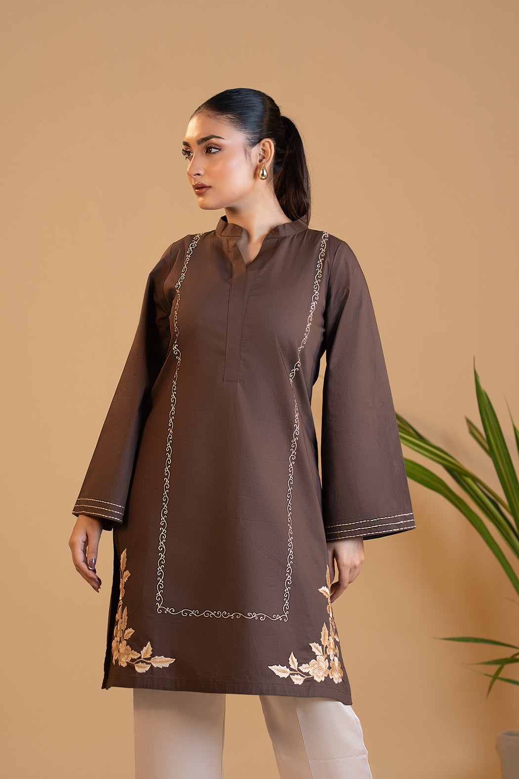 Asmar - Chocolate Brown Embroidered Kurta with Printed Dupatta