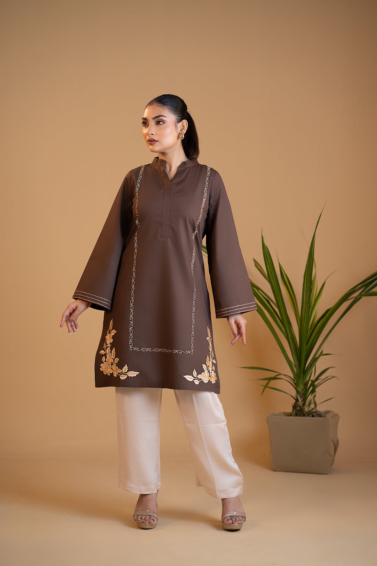 Asmar - Chocolate Brown Embroidered Kurta with Printed Dupatta