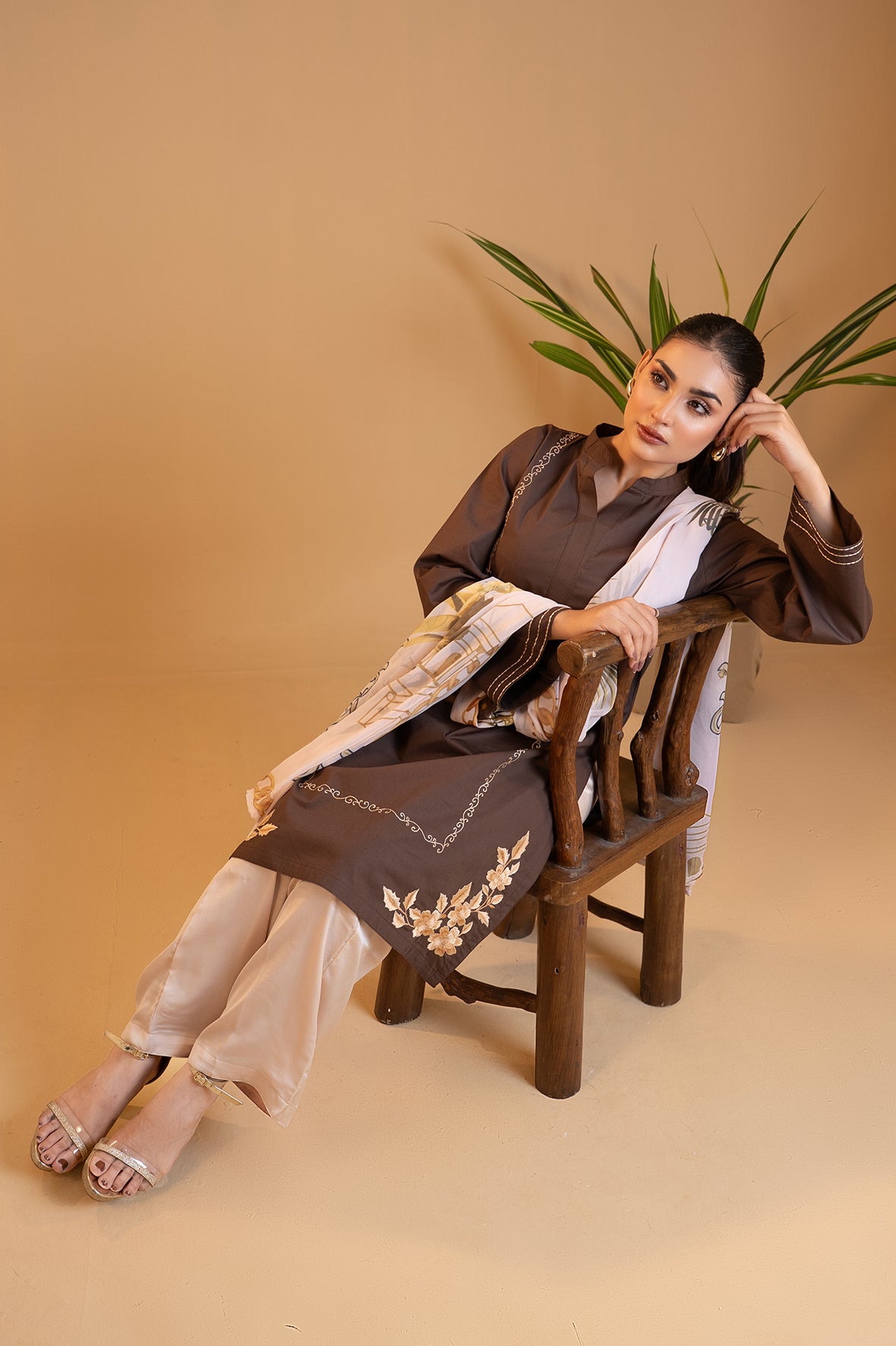 Asmar - Chocolate Brown Embroidered Kurta with Printed Dupatta