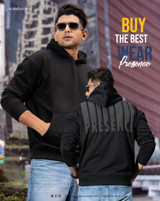 PRESENCE- MENS OVERSIZED DROP HOODIE - BLACK